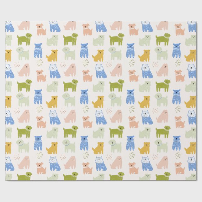 Süße bunte Wachsmalstift-Hunde Geschenkpapier  (Flach)