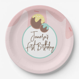 Süße Cakepop-Kugeln Erste Geburtstag Zuckerguss Pappteller