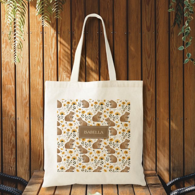 Süße Capybara-Blumentasche Tragetasche (cute whimsical capybara sunflower floral tote bag with custom name, fun personalized gift)
