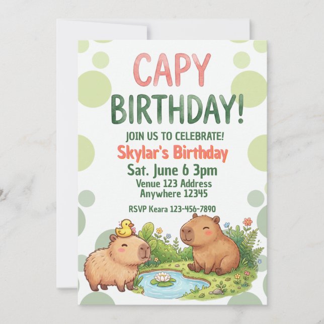 Süße Capybara-Geburtstagsfeier Einladung (Vorderseite)
