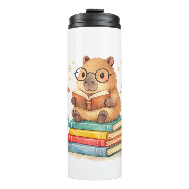 Süße Capybara liest Bücher Aquarell  Thermosbecher (Vorderseite)