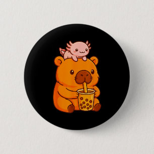 Süße Capybara trinkt Bubble Tea und Axolotl Kawa Button