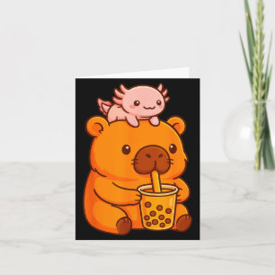 Süße Capybara trinkt Bubble Tea und Axolotl Kawa Karte