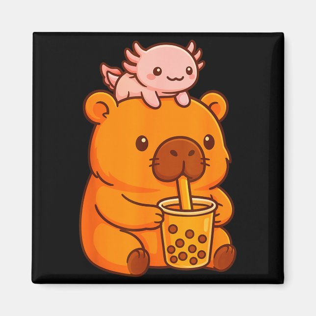Süße Capybara trinkt Bubble Tea und Axolotl Kawa Magnet (Vorne)