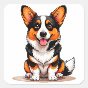 Süße Cardigan Welsh Corgi Welpen Charakter Cartoon Quadratischer Aufkleber