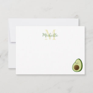Süße Cartoon-Avocado mit personalisiertem Monogram Mitteilungskarte