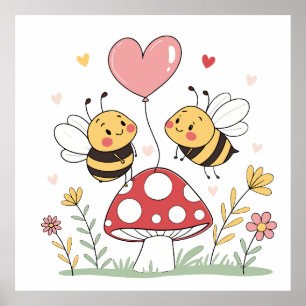 Süße Cartoon-Bienen mit Herzballon auf Pilz Poster