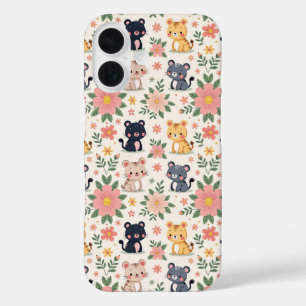 Süße Cartoon-Dschungelkatzen und Blumen iPhone 16 Hülle