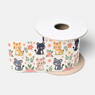 Süße Cartoon-Dschungelkatzen und Blumen Satinband