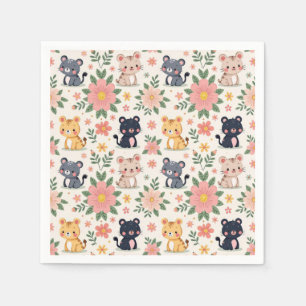 Süße Cartoon-Dschungelkatzen und Blumen Serviette