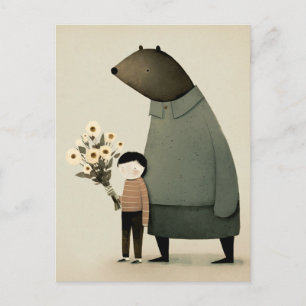 Süße Cartoon-Fee Bär und Junge. Florale Geburtstag Postkarte