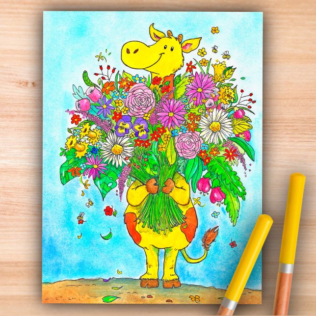 Süße Cartoon-Giraffe Blumen Hallo Postkarte  (Von Creator hochgeladen)