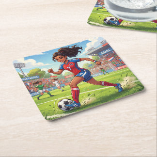 Süße Cartoon-Girl spielt Fußball Rechteckiger Pappuntersetzer