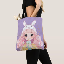 Süße Cartoon-Girl Weiße Hasenmütze Tote Bag