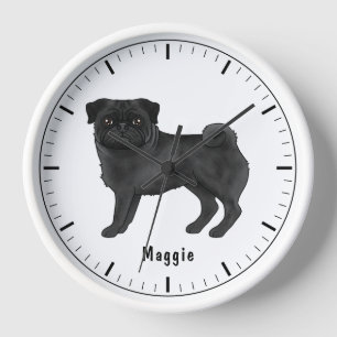 Süße Cartoon-Illustration eines schwarzen Mops-Hun Uhr