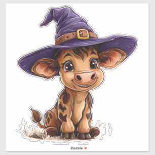 Süße Cartoon-Kalbs-Hexenhut-Bauernhof-Tier-Hallowe Aufkleber
