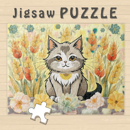 Süße Cartoon-Katze auf einem spätsommerlichen Weiz Puzzle