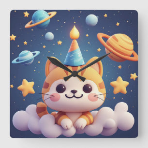 Süße Cartoon-Katze auf Wolke mit Partyhut Quadratische Wanduhr