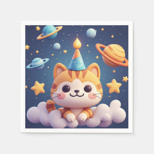 Süße Cartoon-Katze auf Wolke mit Partyhut Serviette