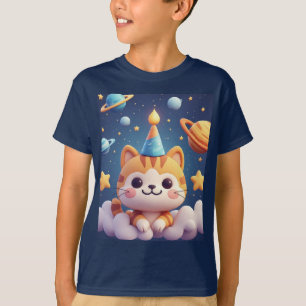 Süße Cartoon-Katze auf Wolke mit Partyhut T-Shirt