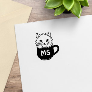 Süße Cartoon-Katze Kaffeetasse Monogramm Initial 1 Gummistempel