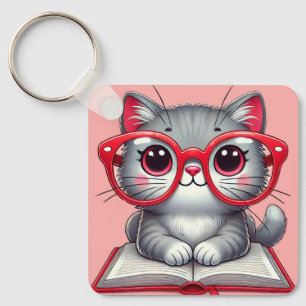 Süße Cartoon-Katze mit Brille Schlüsselanhänger
