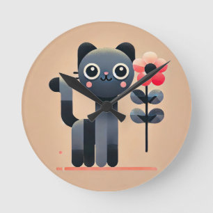Süße Cartoon-Katze mit einer Blume Runde Wanduhr