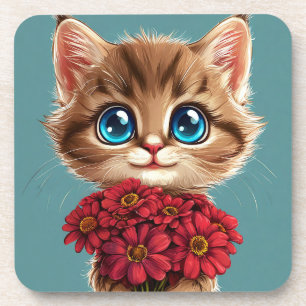 🐱 Süße Cartoon-Katze Rote Blume Heim Geschenk Getränkeuntersetzer