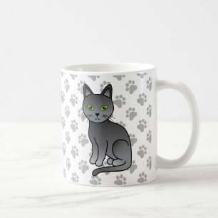 Süße Cartoon-Katze Russische Blaue Illustration & Kaffeetasse