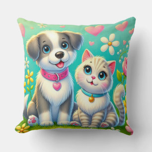 Süße Cartoon-Katze und Hund sitzen zusammen Kissen