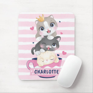 Süße Cartoon-Katzen mit rosa gestreiften Streifen Mousepad