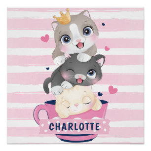 Süße Cartoon-Katzen mit rosa gestreiften Streifen Poster