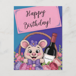 Süße Cartoon-Maus im Blumen-Geschenkkorb mit Wein Postkarte