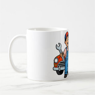 Süße Cartoon-Mechaniker-Illustration mit rotem Aut Kaffeetasse