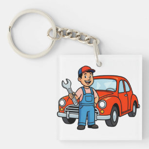 Süße Cartoon-Mechaniker-Illustration mit rotem Aut Schlüsselanhänger