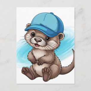 Süße Cartoon-Otter mit blauer Baseballkappe Postkarte