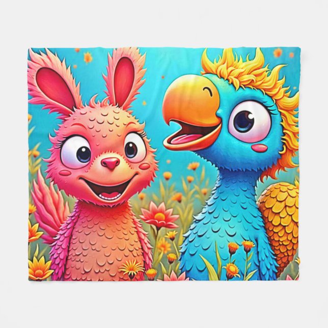 Süße Cartoon-Papageien-Hasen-Kunst Fleecedecke (Vorderseite (Horizontal))