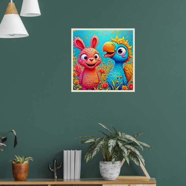 Süße Cartoon-Papageien-Hasen-Kunst Poster (Wohnzimmer 1)
