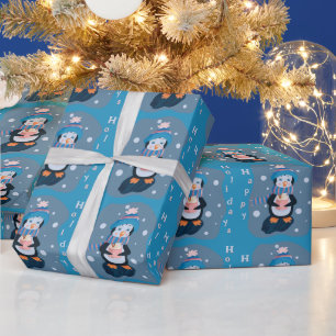 Süße Cartoon-Pinguin Blau Feiertage Geschenkpapier