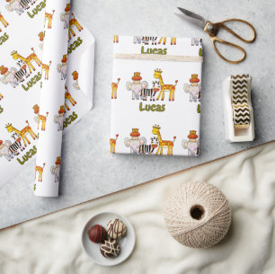 Süße Cartoon-Safari-Tiere mit individuellem Namen Geschenkpapier