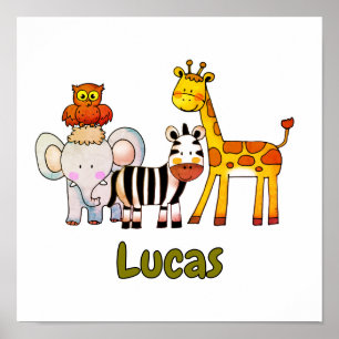 Süße Cartoon-Safari-Tiere mit individuellem Namen Poster