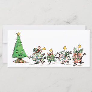 Süße Cartoon tanzende Weihnachtsgeschenke und Baum