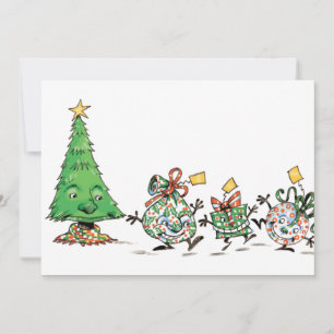 Süße Cartoon tanzende Weihnachtsgeschenke und Baum Feiertagskarte