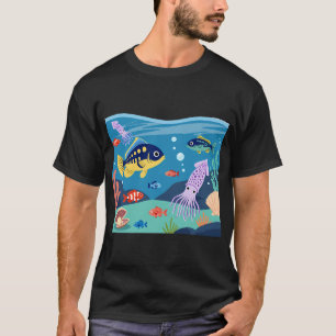 Süße Cartoon-Unterwasser-Ozeanszene mit Fischen un T-Shirt