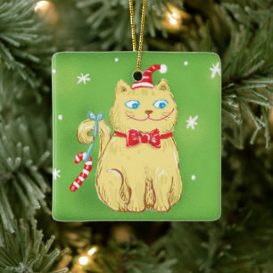 Süße Cartoon-Weihnachtskatze mit Weihnachtsmannmüt Keramikornament
