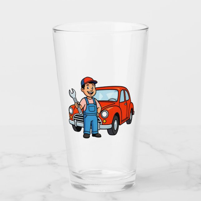 Süße Cartoon-Werkstatt mit roter Auto-Illustration Glas (Vorderseite)
