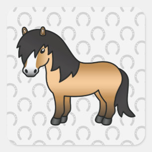 Süße Cartoon-Zeichnung eines Buckskin-Shetland-Pon Quadratischer Aufkleber