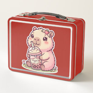 Süße Chibi-Capybara-Erdbeer-Boba-Kawaii-Metall L Metall Brotdose