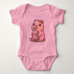 Süße Chibi-Capybara trinken Erdbeer-Boba-Milch Baby Strampler