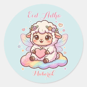 Süße Chibi-Fee-Schaf-Regenbogen-Eid-Adha-Mubarak Runder Aufkleber